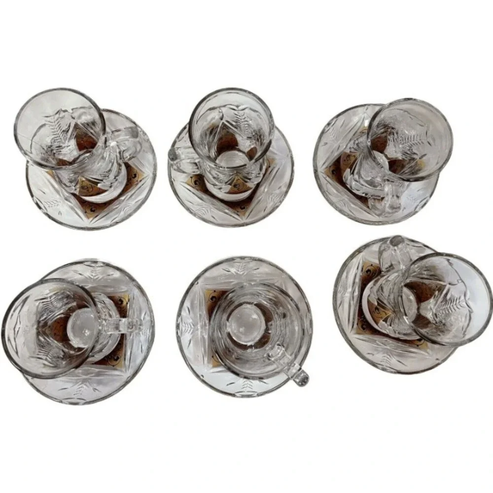 Turkish  Tea Set  Clear Amber Etched Glass 12pc Set